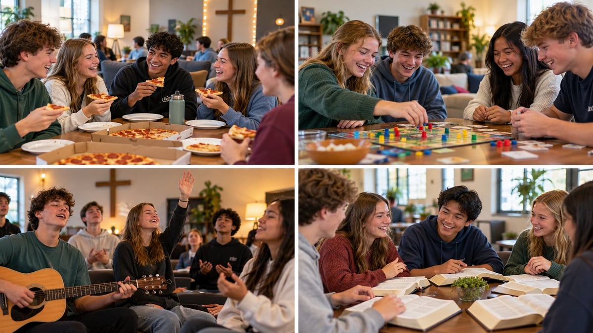 Collage of youth group moments — students sharing dinner, hanging out together, and playing guitar during The Crew youth ministry evening.