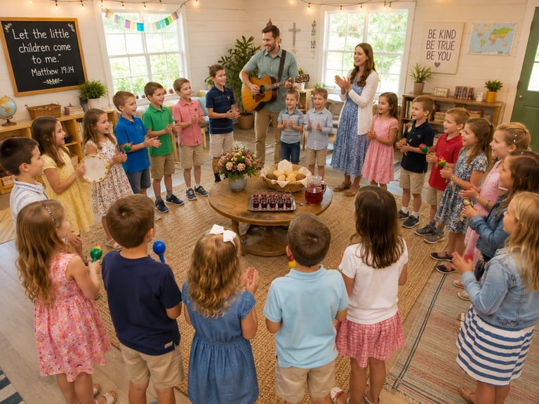 Teacher with guitar leading group of young children in a circle singing in a classroom with inspirational wall messages