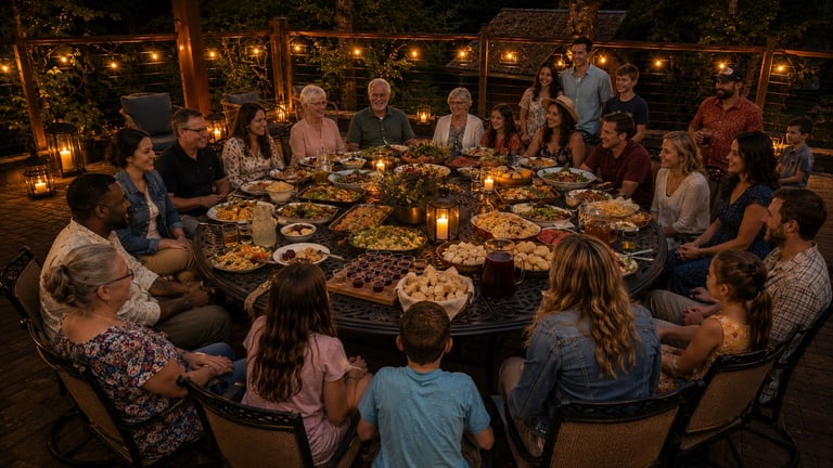 A group of people sitting around a large outdoor dinner table at night with food and glowing string lights overhead