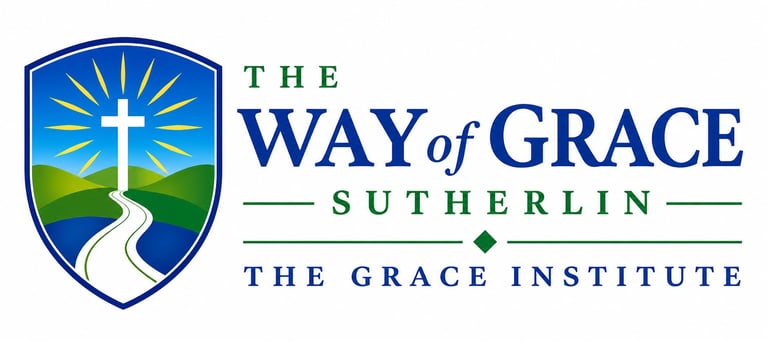 The Way of Grace Sutherlin logo featuring a shield with a cross, sun, and winding path, with The Grace Institute text