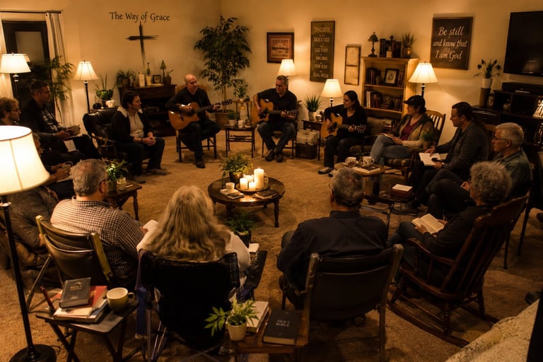 Group of people gathered in a circle at an indoor meeting or prayer gathering in a warmly lit room with religious decor